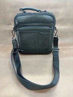 Black Leather Men's Cross Body Bag with Adjustable Strap and Carry Handle